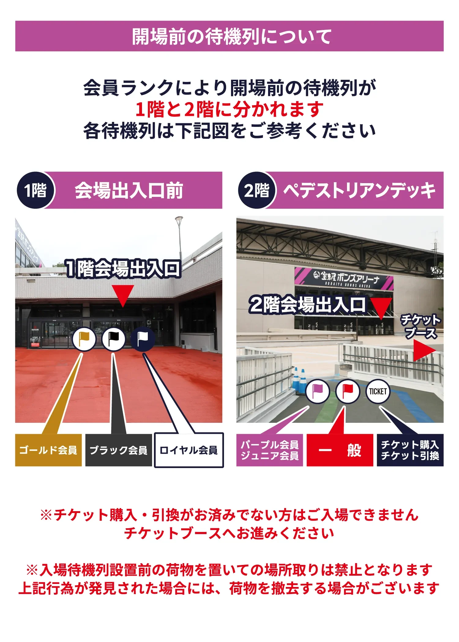 開場前の待機列について:会員ランクにより開場前の待機列が1階と2階に分かれます。